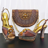 Doershow Italian COFFEE Shoes And Bag Sets For Evening Party With Stones Italian Leather Handbags Match Bags! HM1-1