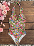 S - XL 2026 Flower Printed Floral V Neck Women Swimwear One Piece Swimsuit Female Halter Monokini Bather Bathing Suit Swim V8221