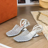 Women's Sandals Summer Luxury Designer  Lace Mesh Square Toe Shallow Narrow Strap Braided Slip-on High Heels Sandals
