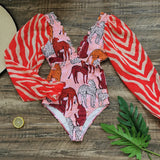 One Piece Swimsuit Sexy Long Sleeve Tropical Print Swimwear Women Bandage Monokini Hollow Out Bathing Suit String Beachwear 2023