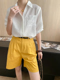 Turn-Down Collar Loose Short-Sleeve Shirt Women White Short Sleeve Shirt Chest Pocket V Neck Button Casual Summer Blouse H9EH