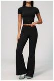 Creamy 2 Pieces Workout Suit Women Yoga Outfits Short Sleeve O Neck Slim Sports T Shirts High Waist Flare Pants Gym Fitness Sets