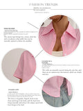 Y2K Style Pink Striped Crop Blouse for Women Short Sleeve Lapel Button-Up Women's Shirt Back Tie Top Lady Summer Casual Outfit