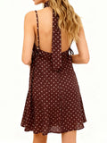 Women's Summer Mini Cami Dress A Line Stylish Dot Print Backless V Neck Spaghetti Strap Dresses with Scarf