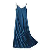 Women Evening Dress V Neck Low Cut Spaghetti Strap Solid Color Backless Dress-up Sleeveless Satin Wedding Party Midi Dress