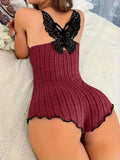 Comfortable Bodysuit Womens Onesies Summer Pajamas Sleepwear Back Butterfly Embroidery Lace Splicing Loungerwear