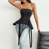 Sexy Strapless Waist Cinching Vest Women Black Ouble Metal Buckle Unique Woven Slimming Shaping Fishbone Ruffles Tank Tops