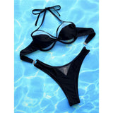 Halter Mesh Sheer Underwired Cut Out Bikini Women Swimwear Female Swimsuit Two-Pieces Bikini Set Bather Bathing Suit Swim V5044