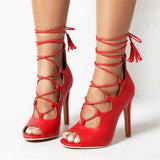 Plus Size 48 Sexy Black Stiletto High Heels Sandals Women Summer Red Cross-tied Jazz Dance Party Shoes Roman Gladiator Sandals
