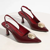 Wine Red Pointed Toe Stiletto Mules for Women Fashion Metal Decor High Heeled Sandals Woman Plus Size 42 Slip On Slingbacks