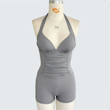 S - XXL Halter V Neck Wrinkled One Piece Swimsuit Women Swimwear Female Shorts Monokini Padded Bather Bathing Suit Swim V7535