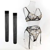 Toucheart Erotic LingerieNew Butterfly Embroidered Mesh See-through Sexy Contrastingerotic Lingerie Four-piece Setwith Stockings