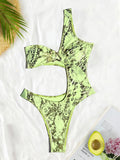 sexy glitter green sanke print one shoulder swimsuits one piece hollow out bikini swimwear bodysuits women biquini bathing suits