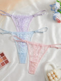 3Pcs/Set Women Sexy Floral Lace Thong Panties Low Waist Hollow Lace Sexy Lingerie Adjustable Thin Strap Underwear