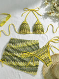 Sexy Drawstring Side Skirt 3 Piece Bikini Set Women Orange Striped Embroidered Print Swimwear High Waist Bathing Suit Swimsuit