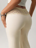 2026 New Women Elegant Solid Color Lace Trim High Waist Wide Leg Pants Casual Loose Palazzo Trousers