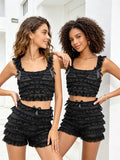 2 Piece Sets Women's Layered Ruffle Lace Sleeveless Vest Tops and Bow Shorts Sets 2024 Summer Casual Gothic Y2K Loungewear