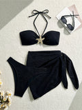3PCS With Sarong Metal Star Halter Bikini Female Swimsuit Women Swimwear Three-Pieces Bikini Set Bather Bathing Suit Swim V7042