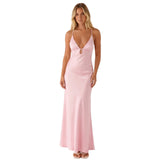 Summer Women's Satin Long Dress Spaghetti Strap Sleeveless V Neck Cutout Slim Fit Elegant Dress for Party Evening Solid Color