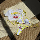 Cherry Print Mesh Short Sleeve Bikini Female Swimsuit Women Swimwear Three-pieces Bikini Set Micro Bathing Suit Swim Beachwear