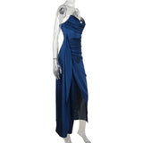 Elegant Strapless Solid Evening Gown Chic Satin Corset Dress for Women V-neck Split Blue Long Dress Lady Summer Party Dress up