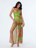 Women’s Tube Top Dress Bohemian Printed Strapless Mesh High Slit Long Dress Summer Evening Party Beach Sexy Club Dresses Summer