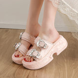 Luxury Rhinestone Thick Bottom Sandals Women 2026 New Silk Satin Embroidery High Heel Sandals Woman Summer Thick Heeled Slippers
