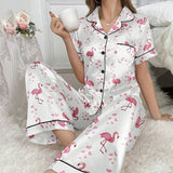 Satin Pajamas for Women Home Clothes Sleepwear Pj Set Autumn Short Sleeve Button Up Top with Lapel Collar & Pants Pyjama Femme