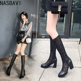 Sexy Women Knee High Boots Square Heel Punk Lace Mesh Boots Gladiator Cool Boots Breathable Women's Sandals Botas De Mujer New