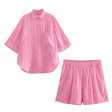 Foridol Casual 2 Pcs Shorts Women Set Linen Cotton Pink Oversize Buttons Shirt+shorts Outfits Summer Autumn White Fashion Set