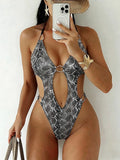 S - XL Snake Skin Deep V Neck One Piece Swimsuit Women Swimwear Female High Cut Out Monokini Backless Bathing Suit Swim Bodysuit