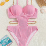 Sexy Push Up Underwire One Piece Swimsuit Women Solid Pink Metal Chain Hollow Out Ribbed Bathing Suit Backless Swimwear Monokini