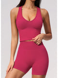 Seamless Yoga Sets Women Breathable V Neck Shockproof Sports Vest Fitness Suit Outwear High Waist Shorts Training Fitness Suit