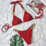 9 Colors Sexy Bikini Women Shining Fabric Golden Rhinestone Chain Swimwear Swimsuit Solid Halter Bikinis Set Bathing Suit Female