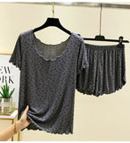 Chic Modal Floral Print 2Pcs Set Soft And Breathable Short-Sleeve Top And Shorts Loose Relaxed Fit Women's Sleepwear Homewear