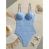 Wrinkled Underwired Colorful Beads Women Swimwear One Piece Swimsuit Female High Leg Cut Monokini Bather Bathing Suit Swim V8301