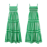 Women's Striped Print Dress Sleeveless Spaghetti Strap Square Neck Tiered Long Dress for Holiday Casual Boho Sundress