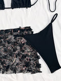 Sexy Sequin Pink Bikini Set Women Shiny Push Up Bra Thong Mesh Drawstring Skirt 3 Piece Swimsuit Bathing Suit Holiday Swimwear