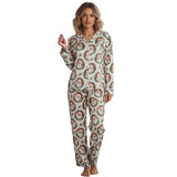 Christmas Pajamas Sets for Women Print Button Up Long Sleeve Lapel V Neck Tops and Pants Lounge Wear Satin 2 Pieces Suits