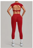 Yoga Set Women's Tracksuit Short Sleeve Back Hollow Out Sports Top Athletic Wear Tight High Waist Pocket Leggings Fitness Suits