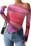 Women's Off-Shoulder Ruffled Sleeve Long-Sleeve Top with Asymmetrical Tie-Dye Mesh Asymmetrical Pleated Floral Print T-Shirt