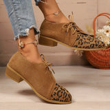 Large Size Leopard Print Single Shoes Women 2026 New Pointed Toe Lace Up Low Heel Shoes Woman Retro Faux Suede Pumps Ladies