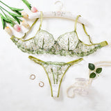 Green Sexy Lace One-Piece Sheer Embroidered Lingerie, Soft Steel Band Supportive Bra, French Pure Passion and Sweetness ZA825194