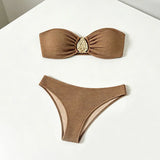 2026 Sexy Bikini Women Coffee Metal Water Droplet Ornament Push Up Mesh Skirt 3 Piece Swimsuit Beach Bathing Suit Swimwear