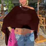 Combhasaki Women Knitwear Bikini Cover-up See-through Solid Off Shoulder Irregular Triangle Hem Loose Pullover Summer Beach Tops