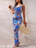 Folds Print Spaghetti Strap Slim Long Dresses Women Fashion Sexy Low Cut Package Hip Bodycon Party Dress Trendy Streetwear New