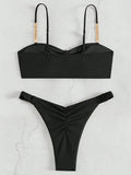 Front Knotted Metal Strap Ribbed Bikini Women Swimwear Female Swimsuit Two Pieces Bikini Set High Cut Bathing Suit Swim Beach