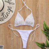 Sexy Halter Mini Bikini Female Swimsuit Women Swimwear Two-pieces Bikini set Luxury Pearl Bather Bathing Suit Swim Lady V2090