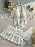 3PC with Skirt Wrinkled Halter Tankini Bikini Women Swimwear Female Swimsuit Three-pieces Bikini Set Bathing Suit Swim Beachwear