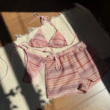 Striped Halter High Cut With Shorts Bikini Three-pieces Bikini set Female Swimsuit Bathing Suit Women Swimwear Bather Swim V6326